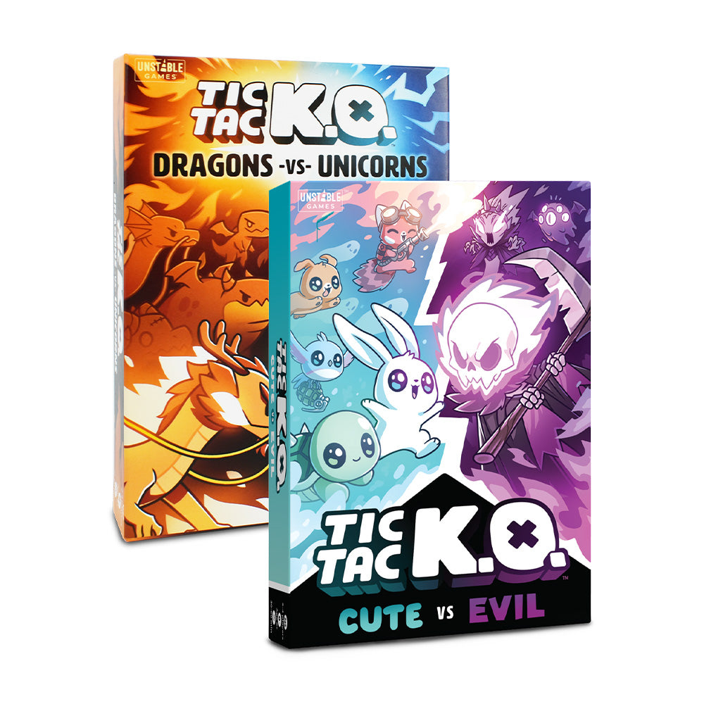 Two card game boxes for "Tic Tac K.O. Dragons vs Unicorns + Cute vs. Evil: Bundle" by Unstable Games, featuring colorful cartoon-style illustrations of mythical creatures.