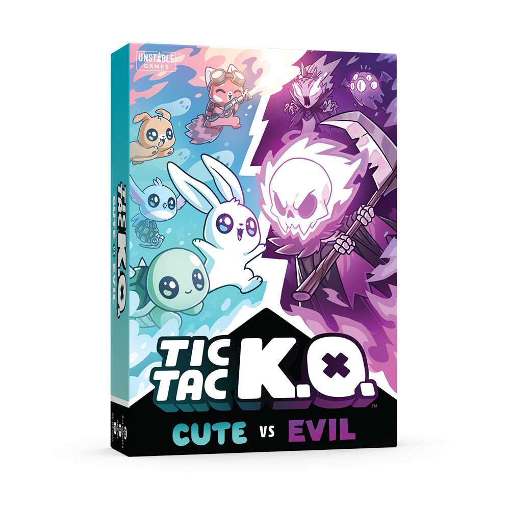 Illustration of a board game box titled "Tic Tac K.O. Cute vs Evil: Base Game," featuring Team Cute cards and a menacing skull with a scythe, set against a purple and blue background by Unstable Games.