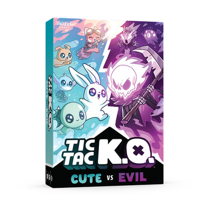 Illustration of a board game box titled "Tic Tac K.O. Cute vs Evil: Base Game," featuring Team Cute cards and a menacing skull with a scythe, set against a purple and blue background by Unstable Games.