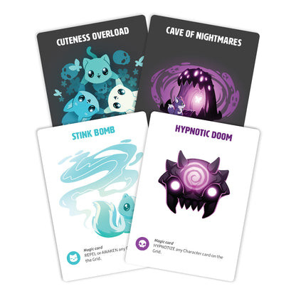 Four illustrated playing cards featuring mythical creatures and magical themes, labeled "Tic Tac K.O. Cute vs. Evil: Base Game cards," "cave of nightmares," "stink bomb," and "hypnotic doom" from Unstable Games.