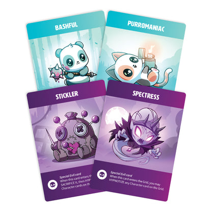 Four illustrated character cards labeled "bashful," "purrromaniac," "stickler," and "spectress," each featuring a unique cartoon monster with specific abilities for Tic Tac K.O. Cute vs. Evil: Base Game, a team battle game by Unstable Games.