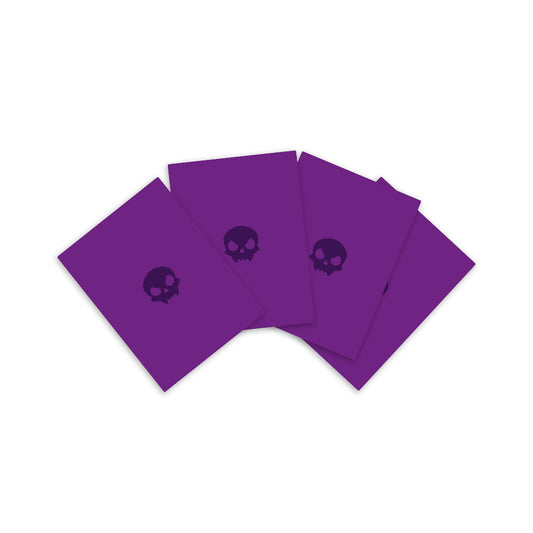 Five purple Tic Tac K.O. Cute vs. Evil: Team Evil card sleeves fanned out, each featuring a white skull icon at the center by Unstable Games.
