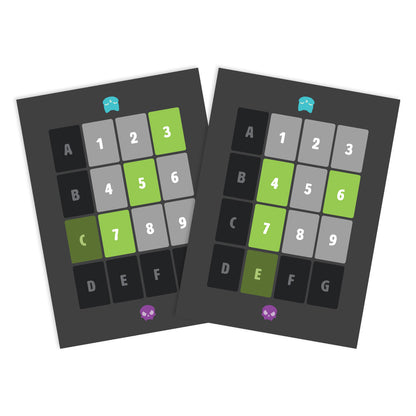 Two stylized Tic Tac K.O. Cute vs. Evil: Base Game puzzles with alphanumeric grids, one in black and the other in gray, each marked with colored tabs and small icons at the bottom, featuring Team Evil cards and Team Cute cards.