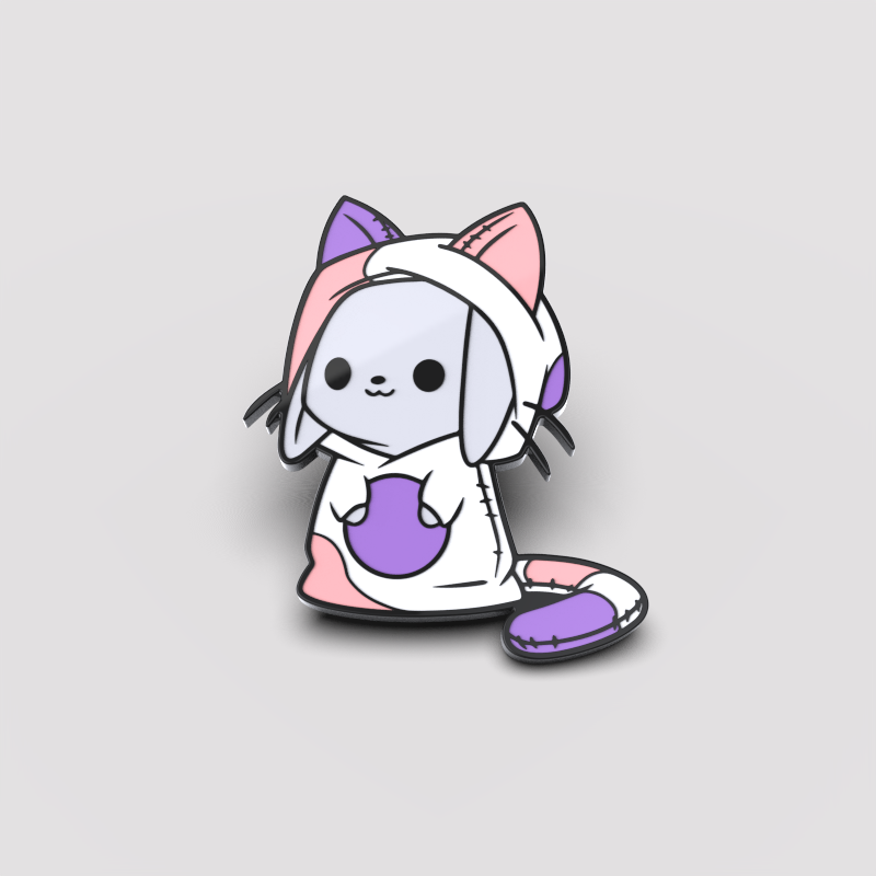 Illustration of a cute cartoon character dressed in a Bunny Dressed as a Kitty Pin costume, featuring large pink ears, a tail, and holding a purple ball. (Brand Name: Unstable Games)
