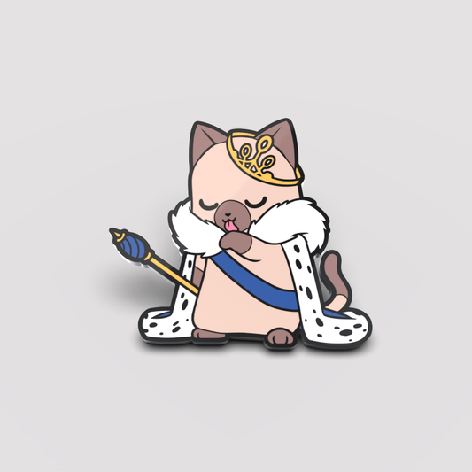 Illustration of a cartoon cat dressed as a royal figure, holding a scepter, and wearing an Her Majesty the Queen Pin crown, set against a light gray background by Unstable Games.