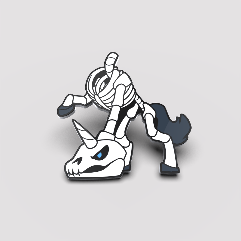 Illustration of a skeletal Unstable Games Mare-O Pin with a unicorn skull head and a robotic body, posed dynamically on a plain background.