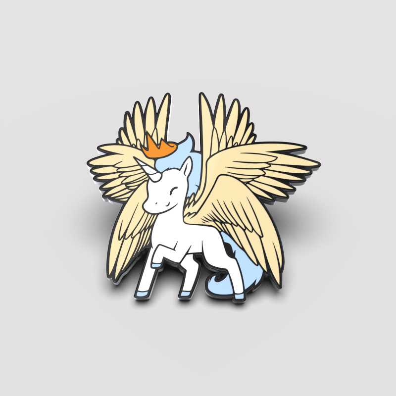 Illustration of a white pegasus unicorn with golden wings and a crown, depicted in a cartoon style on a grey background, used as an Unstable Games Pegasix Pin design.