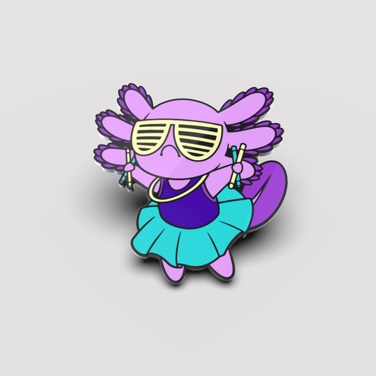 Cartoon character wearing sunglasses and a skirt, with pink hair styled in pigtails, holding up a peace sign in each hand at the Wrong Party is wearing the Rave Axolotl Pin (Glow) by Unstable Games.