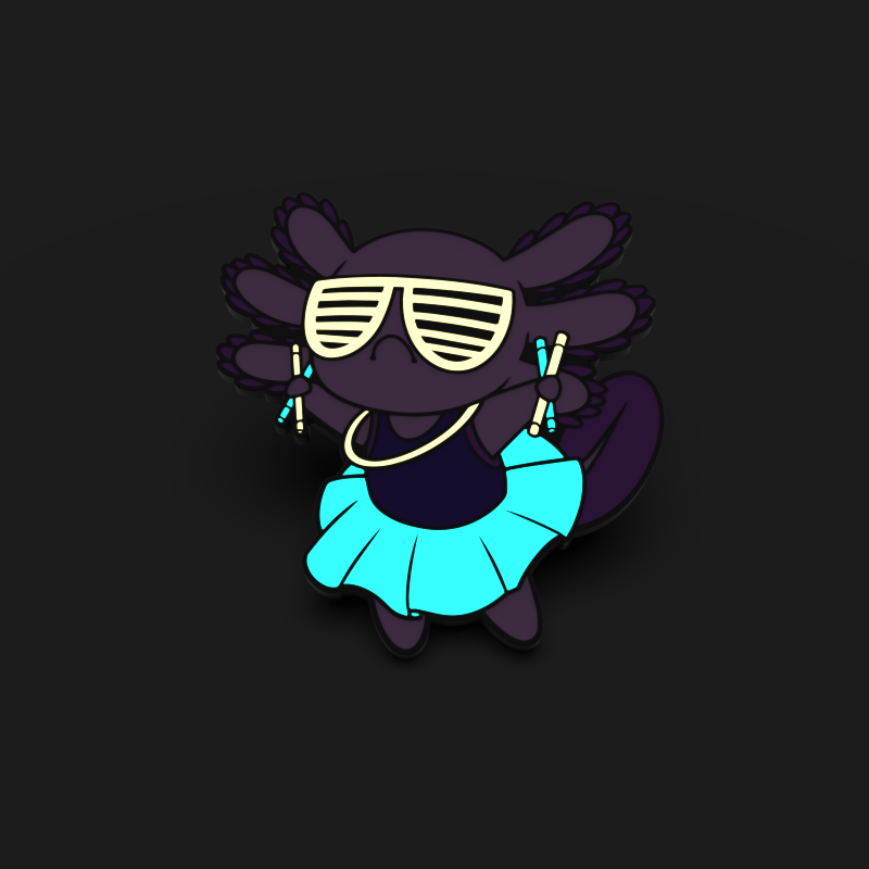 Cartoon character wearing sunglasses and a blue tutu, holding drumsticks, with a necklace and pigtails against a black background, designed as Unstable Games' Rave Axolotl Pin (Glow) enamel pins.