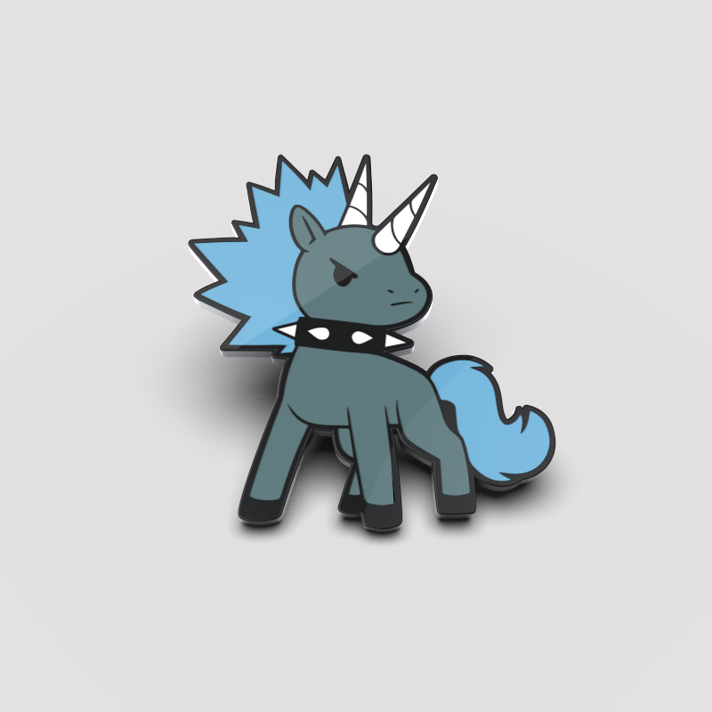 Illustration of a blue dragon-unicorn hybrid with spikes and a unicorn horn, styled in punk-icorn revival, on a plain background by Unstable Games' Spike Pin.