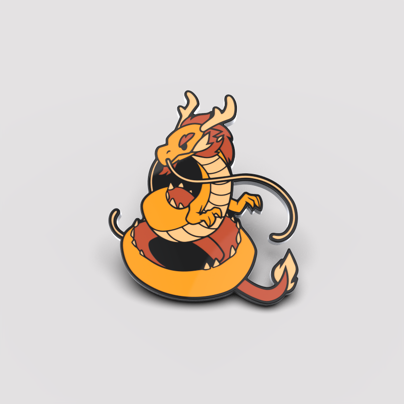 Illustration of an orange dragon wearing sunglasses and floating on an inflatable ring, with a playful and relaxed pose. This image is from Unstable Games' "The Ancient One Pin" collection.