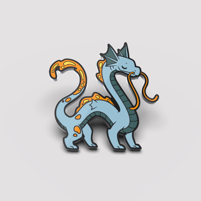 Illustration of a stylized blue and orange dragon with swirling horns and a long, pointed tail, set against a Unstable Games Toasty Pin background.