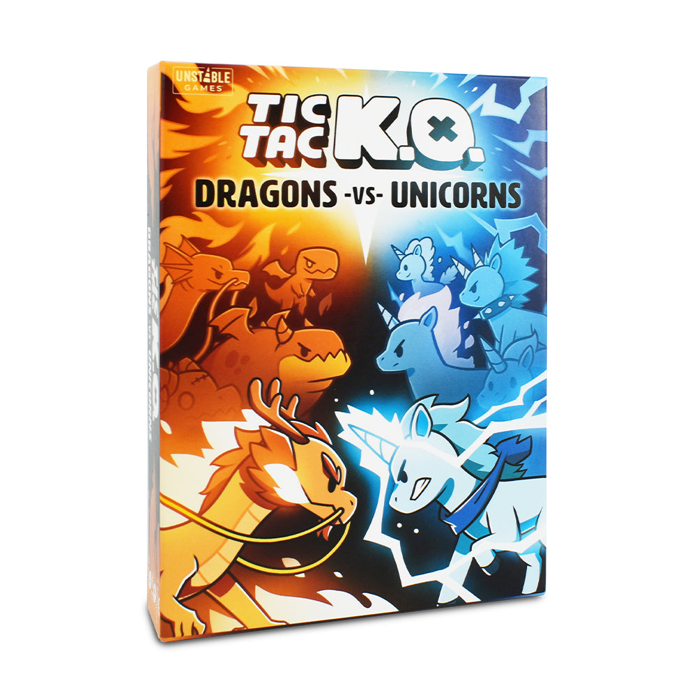 Card game box titled "Tic Tac K.O. Dragons vs. Unicorns: Base Game" featuring illustrated dragons and unicorns in a dynamic battle scene by Unstable Games.