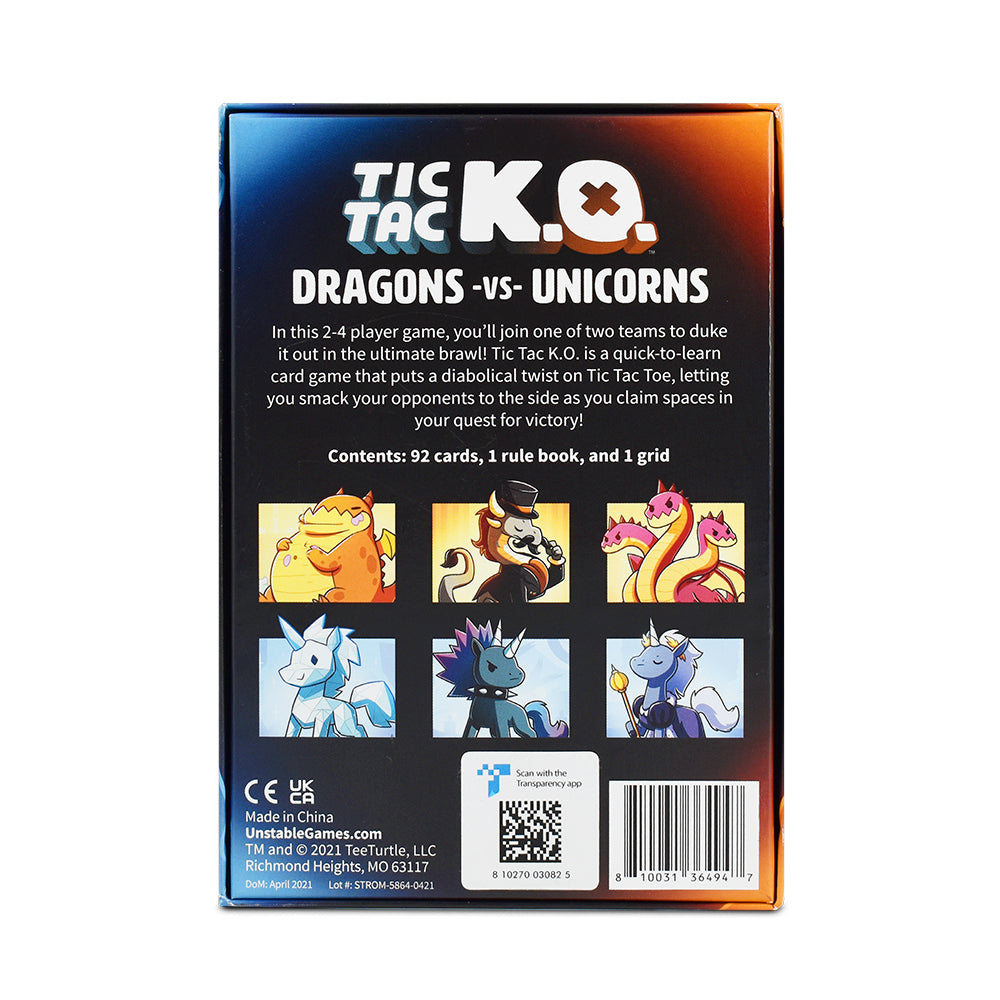 Back of a "Tic Tac K.O. Dragons vs. Unicorns" card game box showing game content details, illustrations of characters, and a QR code by Unstable Games.