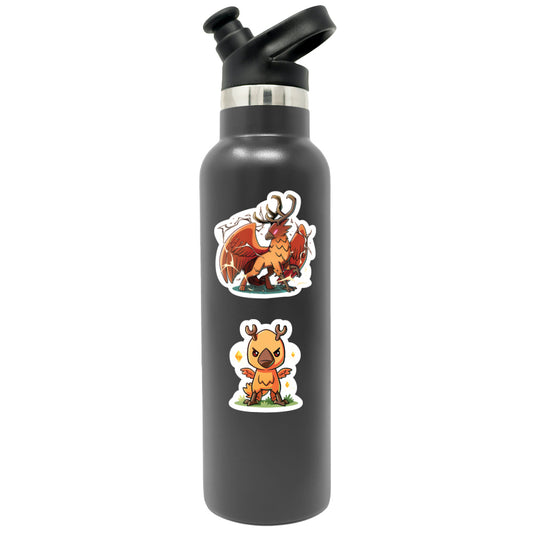 A black reusable water bottle with the Unstable Games Talon Lightfeather & Talon the Dark Storm Sticker Set on it, one depicting a red dragon and the other a yellow creature on grass.