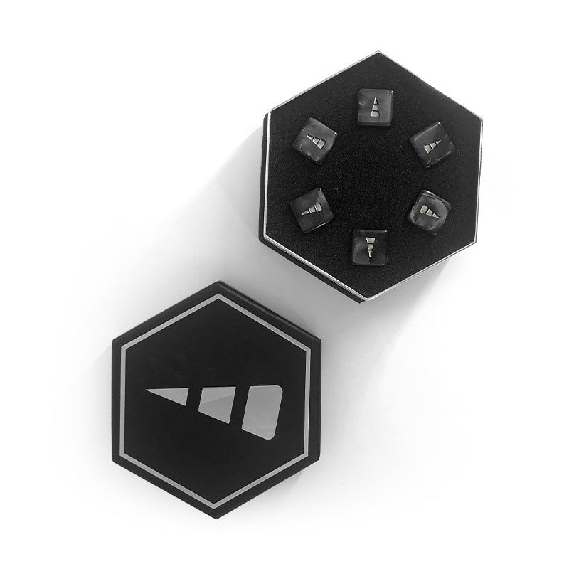 Black hexagonal box open with a set of small, contemporary ceramic sculptures inside, arranged neatly against a white background featuring Unstable Games D6 Dice Set.