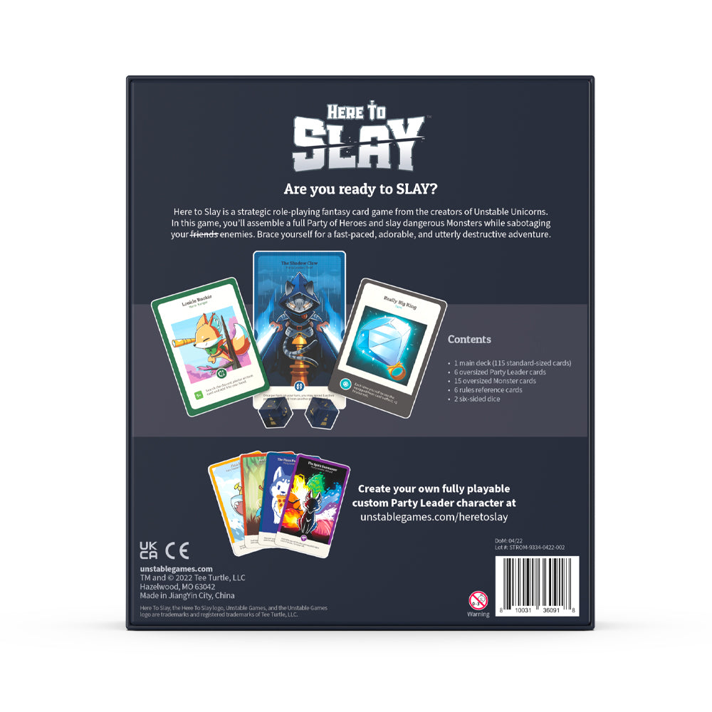 Back view of the Unstable Games "Here to Slay: Base Game" card game box showcasing game cards, play instructions, and illustrations of fantasy-inspired characters.