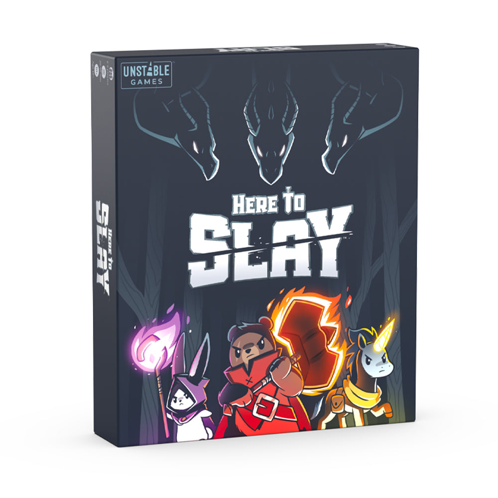 A card game box titled "Here to Slay: Base Game" from Unstable Games, featuring cartoon-style fantasy warriors and monsters in vibrant colors.