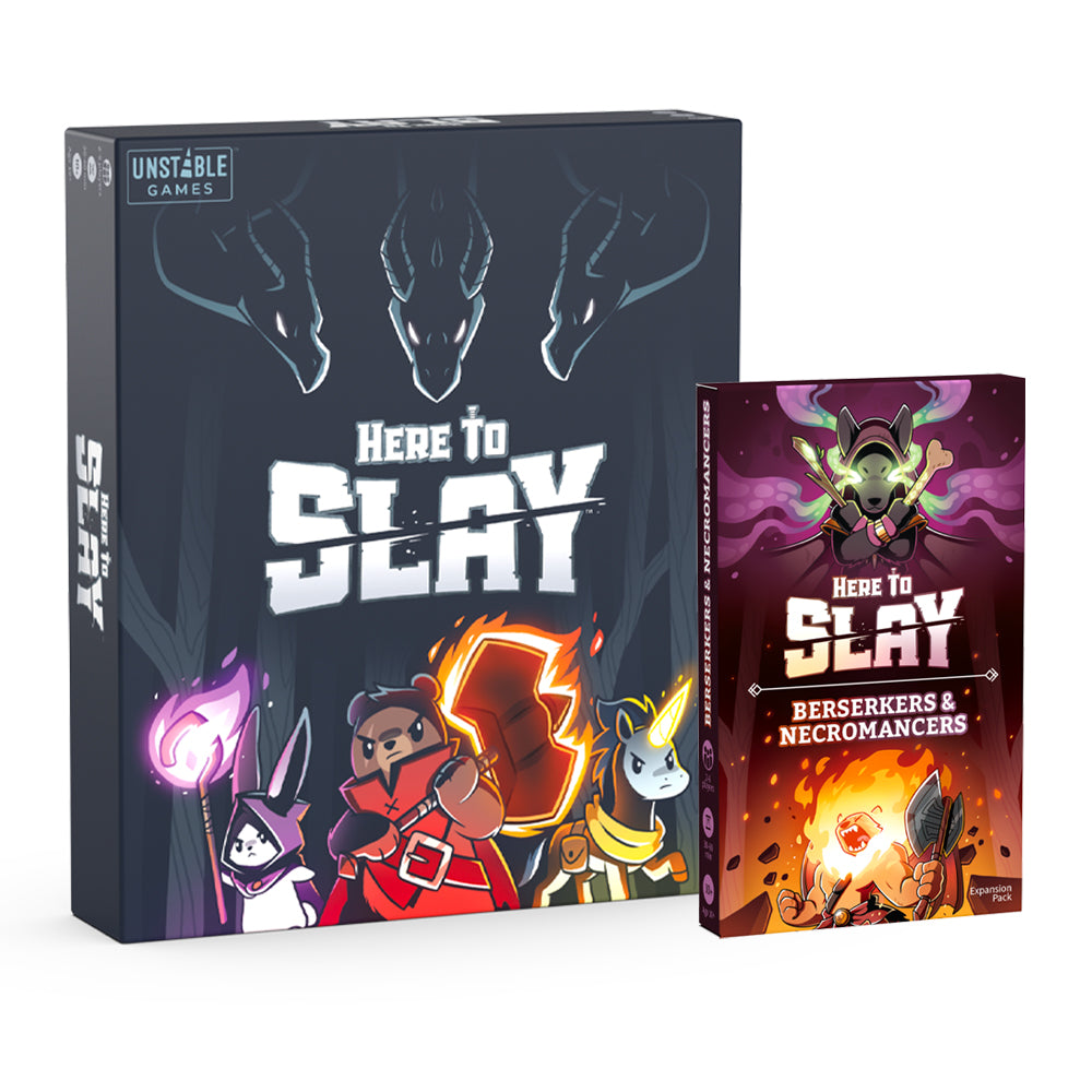 Here to Slay: Base Game + Berserkers & Necromancers Expansion Bundle" card game and expansion pack featuring illustrations of fantasy characters like warriors and mythical creatures on the packaging, by Unstable Games.