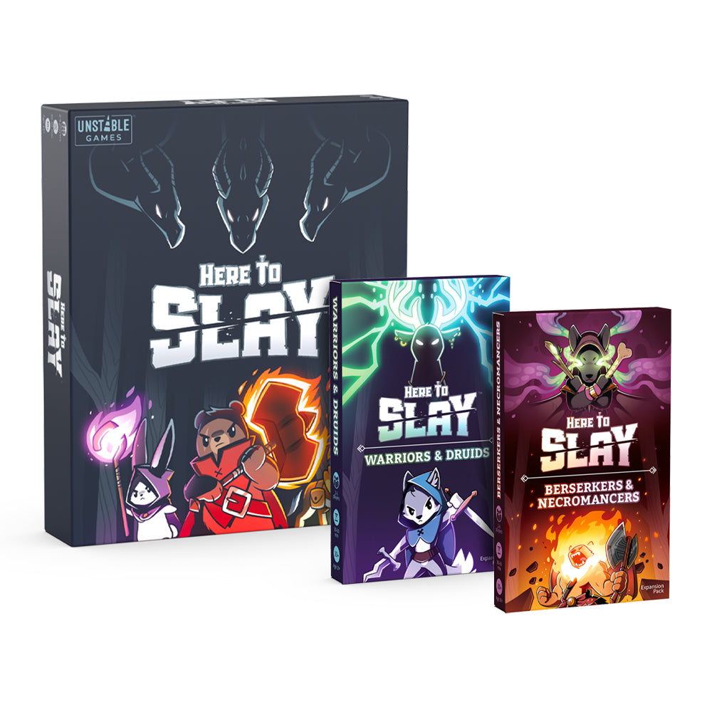 Boxed card game "Here to Slay: Base Game + 2 Expansion Bundle" by Unstable Games featuring characters such as warriors, druids, berserkers, and necromancers on the cover art.
