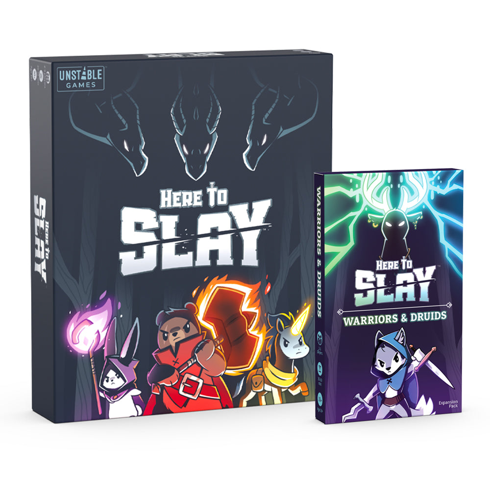 Two card game boxes for the "Here to Slay: Base Game + Warriors & Druids Expansion Bundle" by Unstable Games, featuring fantasy character artwork with a warrior and druids, set against a dramatic dark background with glowing elements.