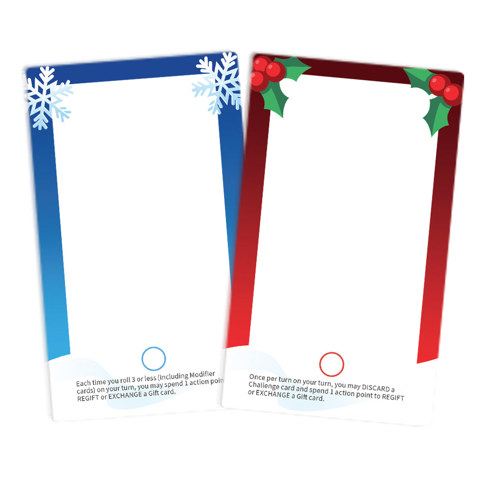 Two card frames with holiday artwork; one blue with snowflakes, the other red with holly, both featuring game instructions at the bottom from Unstable Games' Here to Slay: Here to Sleigh Expansion.