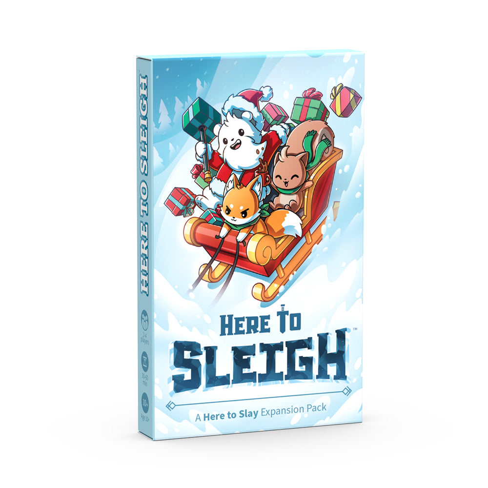 Here to Slay: Here to Sleigh Expansion pack game box featuring cartoon animals, with gift cards, on a white background by Unstable Games.