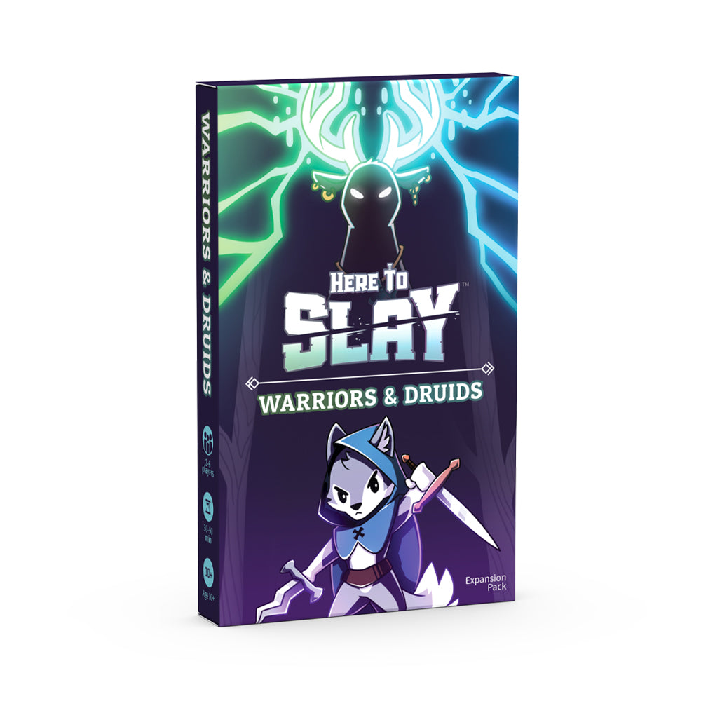Boxed expansion pack for the "Here to Slay: Warriors & Druids Expansion" by Unstable Games, featuring a cartoon-style cat warrior with a sword on the cover and including new Party Leader cards.