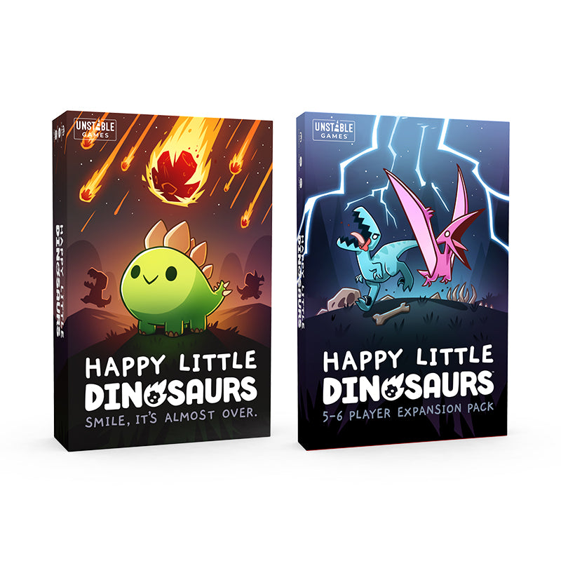 Two board game boxes titled "Happy Little Dinosaurs: Base Game + 5-6 Player Expansion Bundle," one depicting a green dinosaur under a meteor shower, and the other showing two dinosaurs with lightning in the background by Unstable Games.