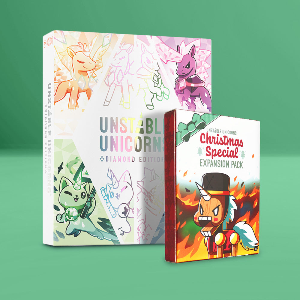Unstable Games’ Unstable Unicorns: Diamond Edition: Base Game + Christmas Expansion Bundle—everything you need to build your unicorn army—shown together on a festive green background.