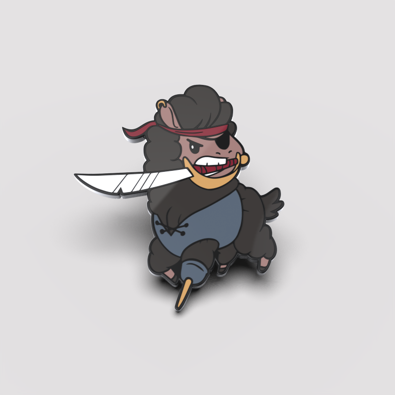 Cartoon of a Swashbuckling Llama Pin from Unstable Games, wielding a knife, wearing a bandana and an eye patch, standing on its hind legs.