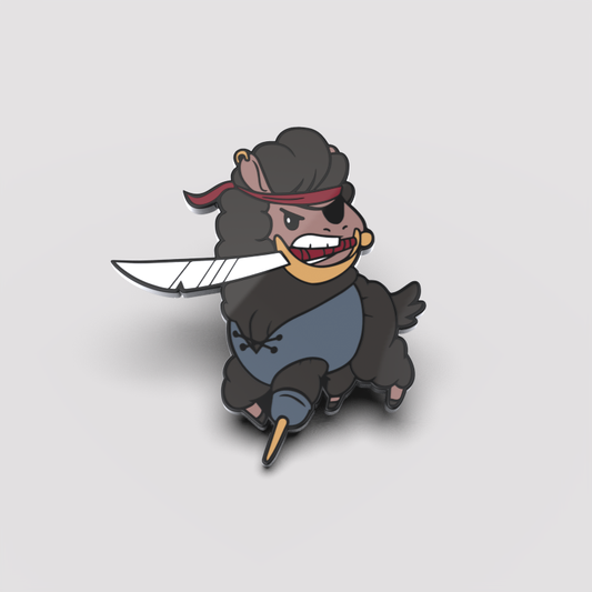 Cartoon of a Swashbuckling Llama Pin from Unstable Games, wielding a knife, wearing a bandana and an eye patch, standing on its hind legs.