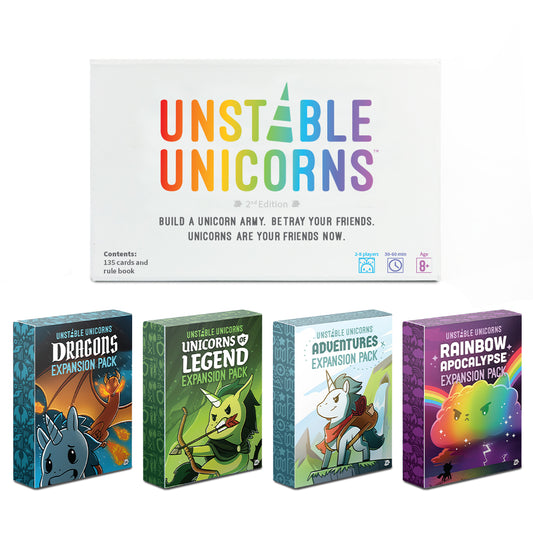 Unstable Games Unstable Unicorns: Base Game + 4 Expansion Bundle with dragons, legends, apocalyptic, and rainbow apocalypse.