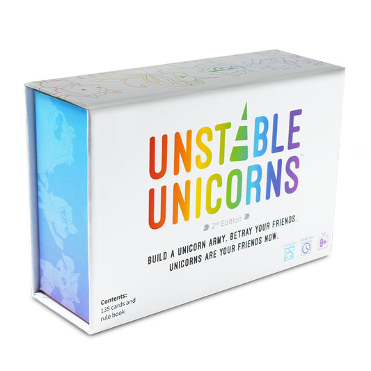 White box of Unstable Unicorns: Base Game strategic card game with colorful text and unicorn illustrations, emphasizing building a unicorn army and betraying friends by Unstable Games.