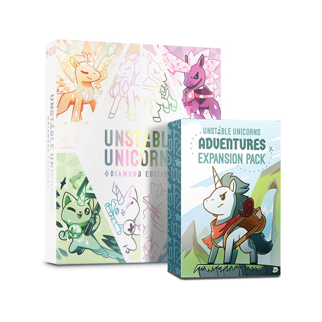 Unstable Games' bundle: 'Unstable Unicorns: Diamond Edition - Base Game + Adventures Expansion' with unicorn illustrations and vibrant designs.