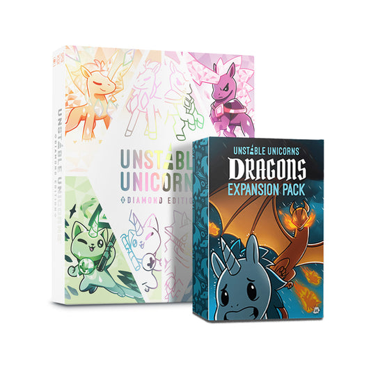 Dive into the magical realm of Unstable Unicorns with the Diamond Edition: Base Game + Dragons Expansion Bundle by Unstable Games, featuring pastel unicorns and dragon-themed artwork. Build your unicorn army and embark on strategic adventures!.