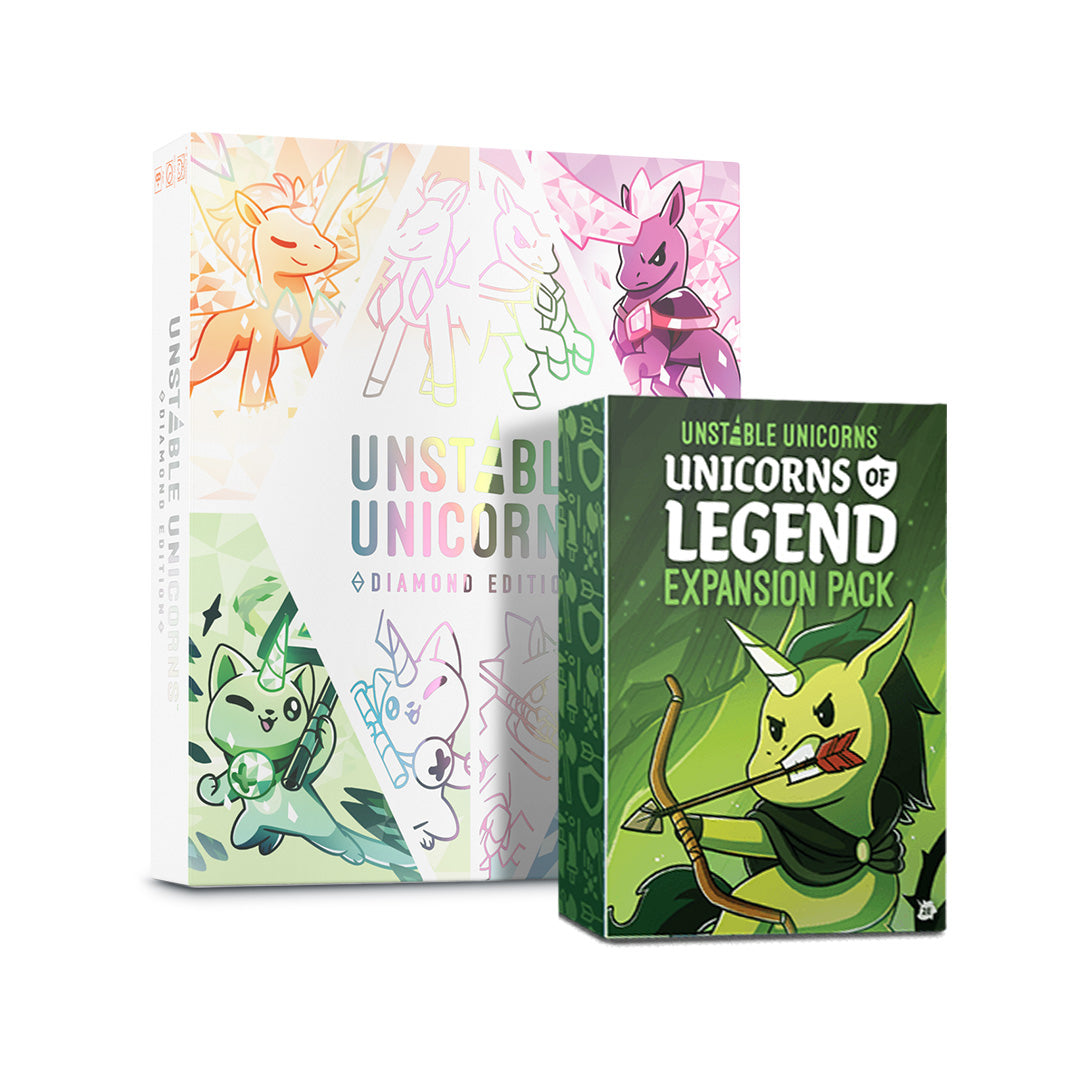 The Unstable Unicorns: Diamond Edition bundle by Unstable Games includes the vibrant base game with colorful unicorns and the Unicorns of Legend Expansion, which features a unicorn archer.