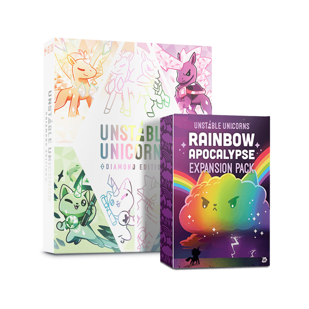 The "Unstable Unicorns: Diamond Edition Base Game + Rainbow Apocalypse Expansion Bundle" by Unstable Games features colorful unicorn illustrations, ideal for building your ultimate unicorn army in this strategic card game.