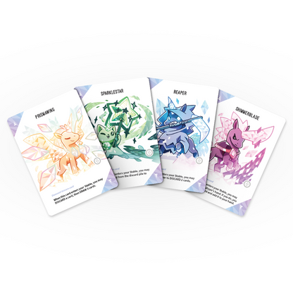 Displayed are four illustrated holographic cards from the Unstable Unicorns: Diamond Edition: Base Game by Unstable Games, showcasing vibrant creatures named Prismwing, Sparklestar, Reaper, and Shimmerblade, each with unique designs and abilities.