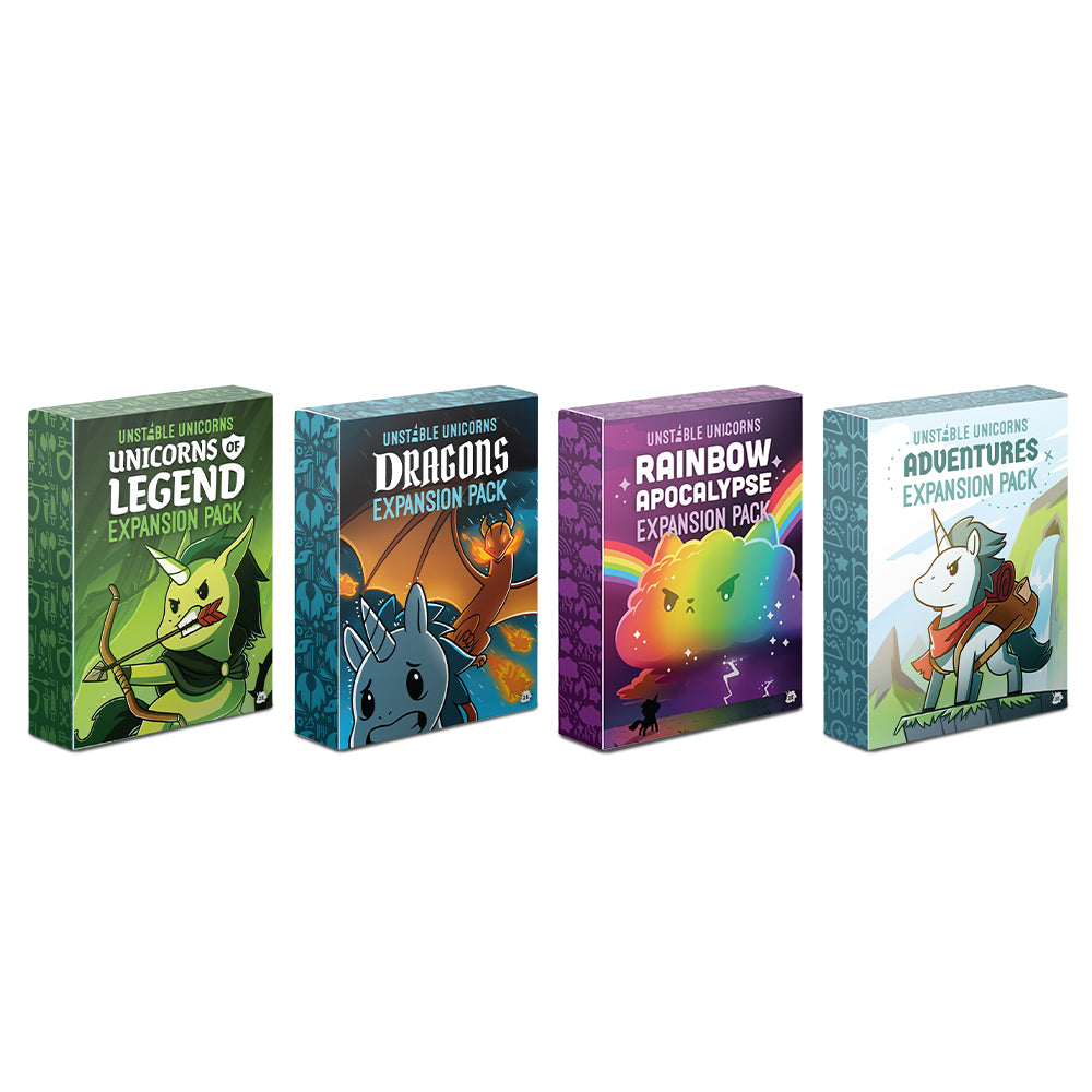 Four boxes of "Unstable Unicorns: 4 Expansion Bundle" strategic card game expansion packs with different themes like dragons, apocalypse, and adventures displayed side by side by Unstable Games.