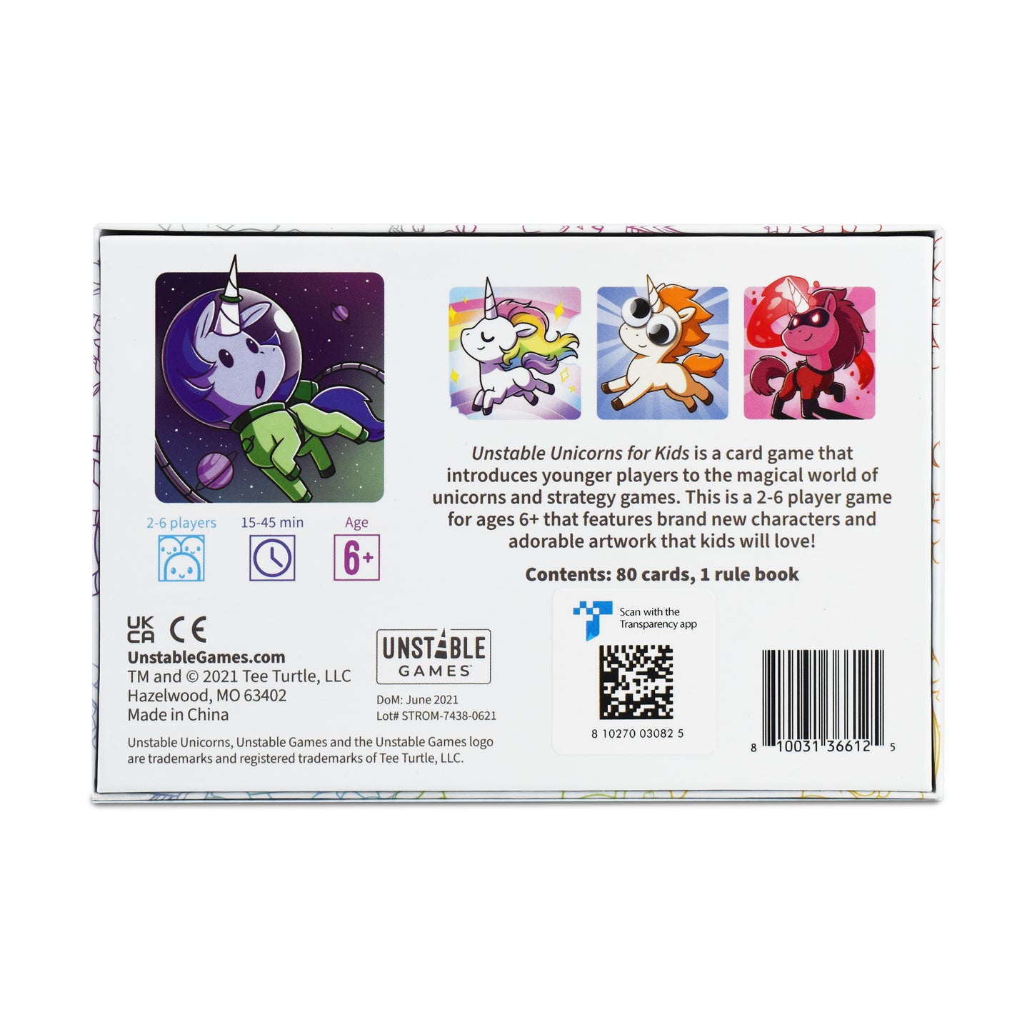 Back of a "Unstable Unicorns for Kids: Base Game" card game box featuring game details, illustrations of colorful unicorns, and pack contents listed.