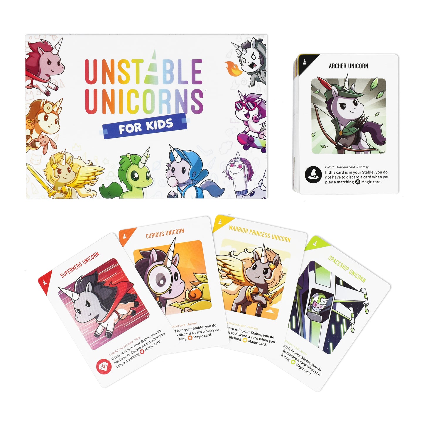 Box and cards from "Unstable Unicorns for Kids: Base Game" strategy game, featuring colorful cartoon unicorn characters by Unstable Games.