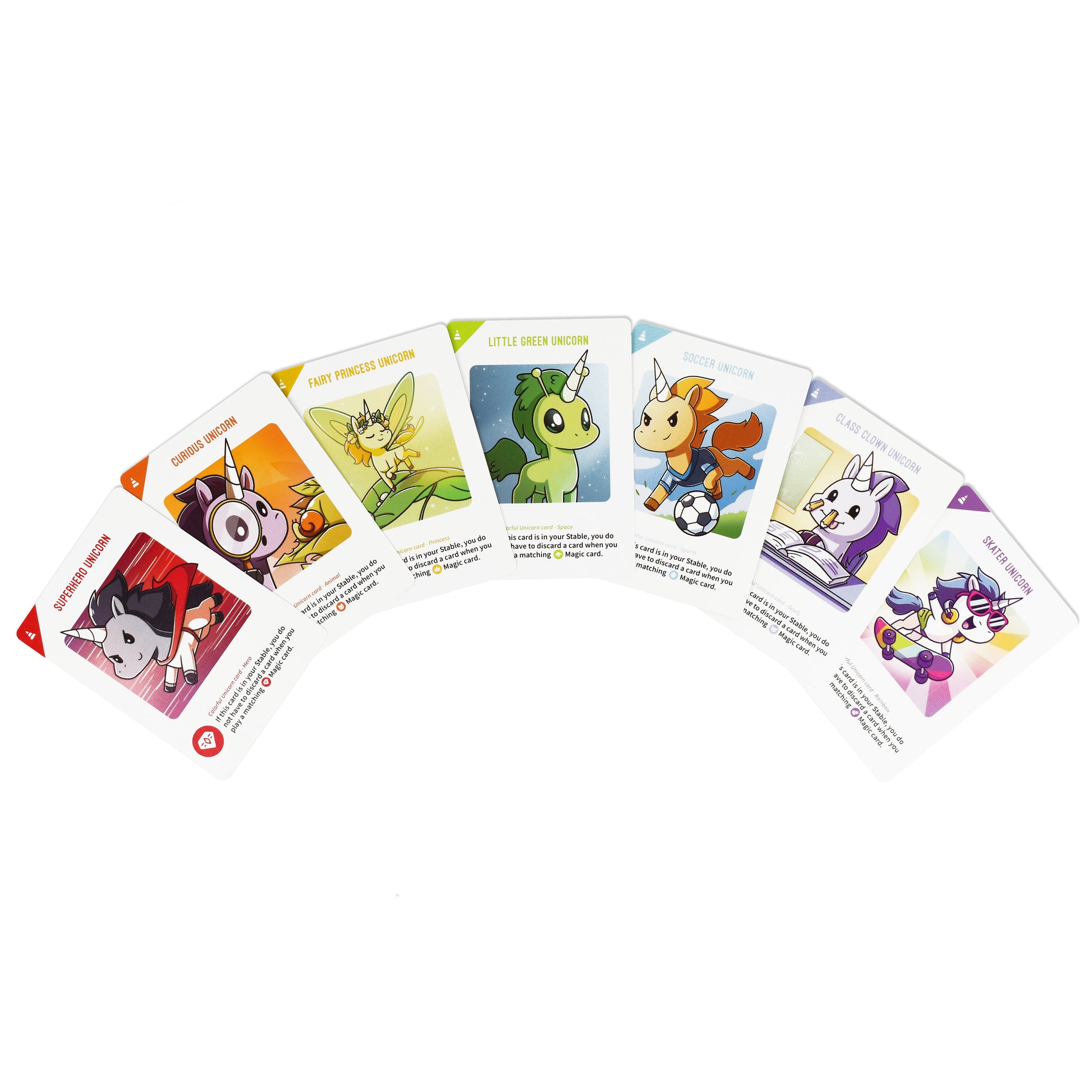 A fan of seven Unstable Unicorns for Kids: Base Game playing cards featuring various cartoon animals, including unicorns, depicted as superheroes, spread out on a white background by Unstable Games.