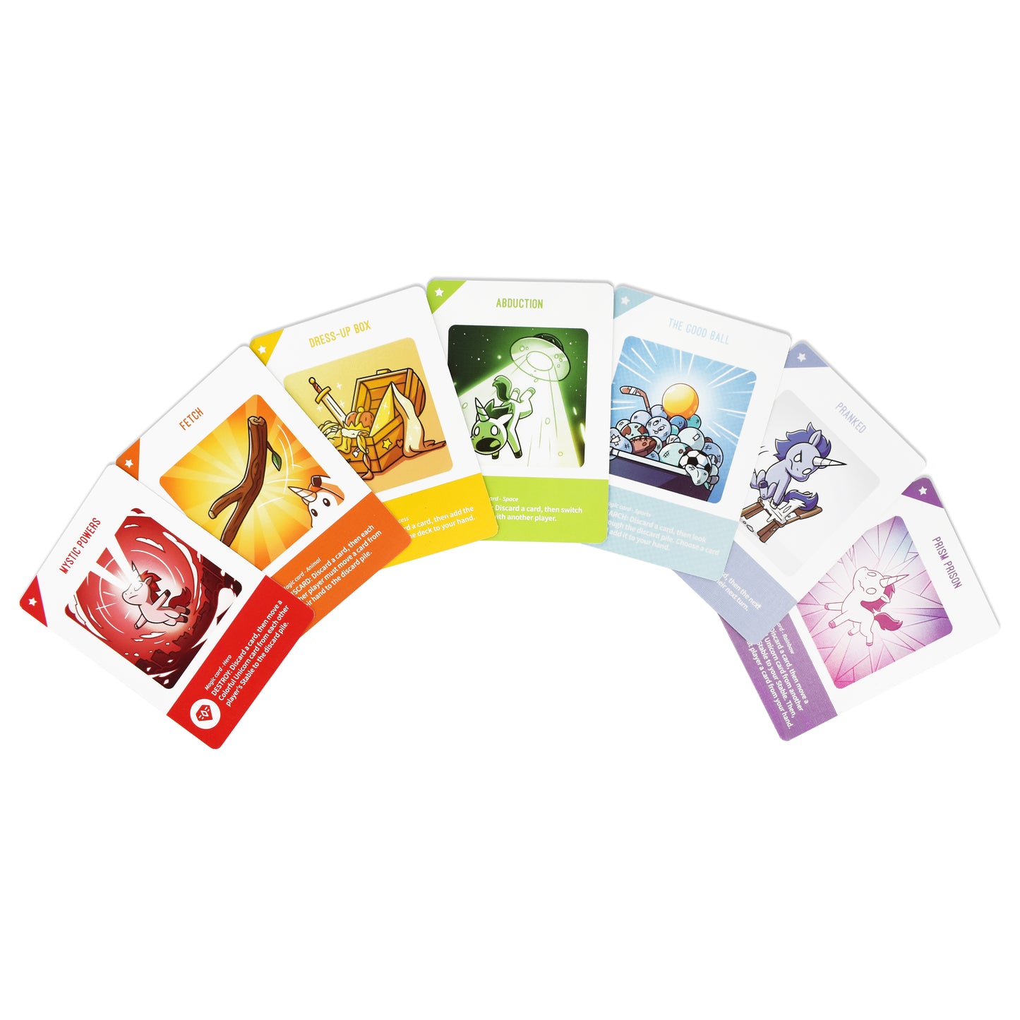 A fan of colorful illustrated cards featuring playful unicorns in various scenarios and costumes, arranged in a semicircle, would enjoy Unstable Unicorns for Kids: Base Game by Unstable Games.