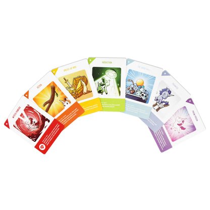 A fan of colorful illustrated cards featuring playful unicorns in various scenarios and costumes, arranged in a semicircle, would enjoy Unstable Unicorns for Kids: Base Game by Unstable Games.