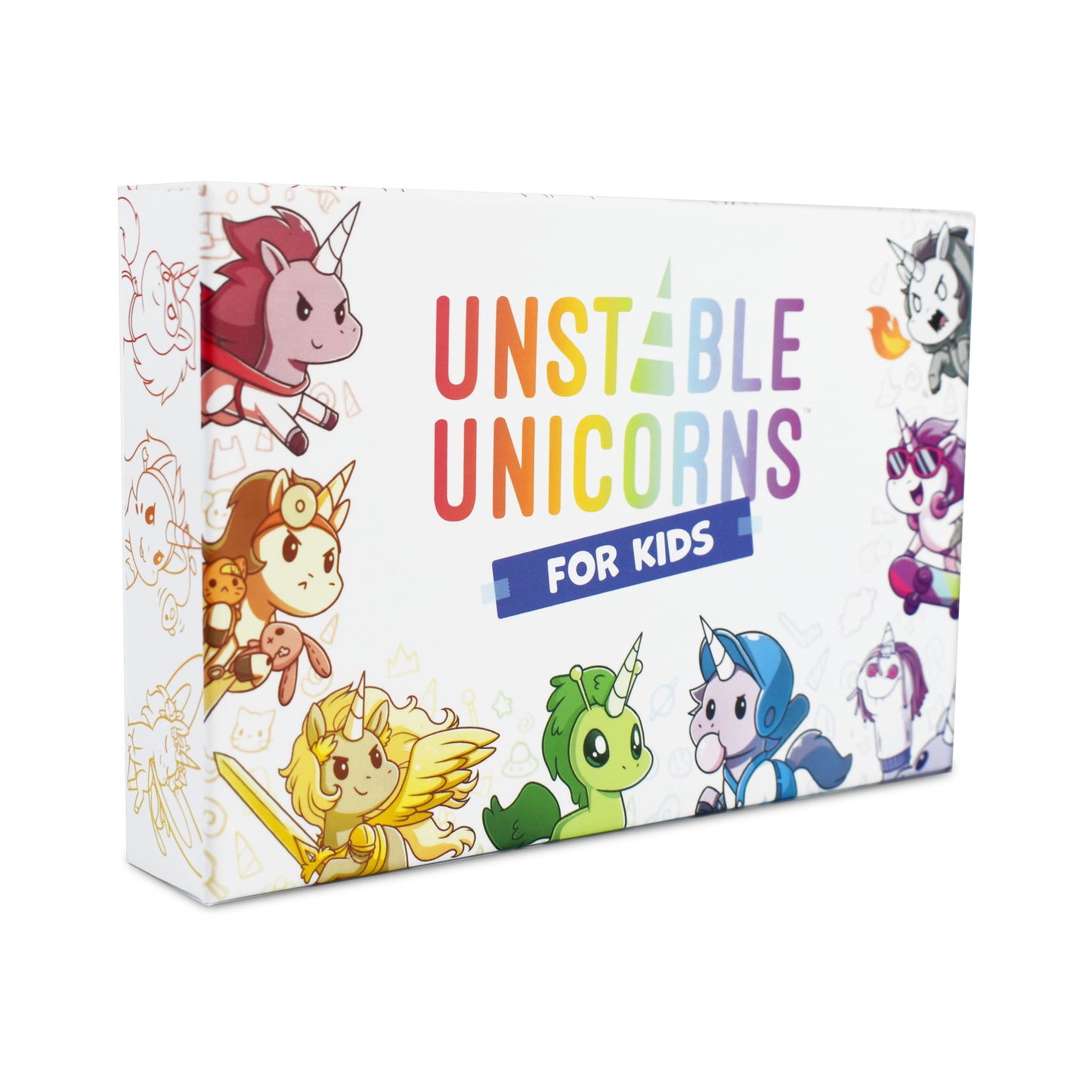 A board game box labeled "Unstable Unicorns for Kids: Base Game" by Unstable Games, featuring colorful cartoon unicorns with various playful designs and expressions, is one of the most engaging unicorn card games available.