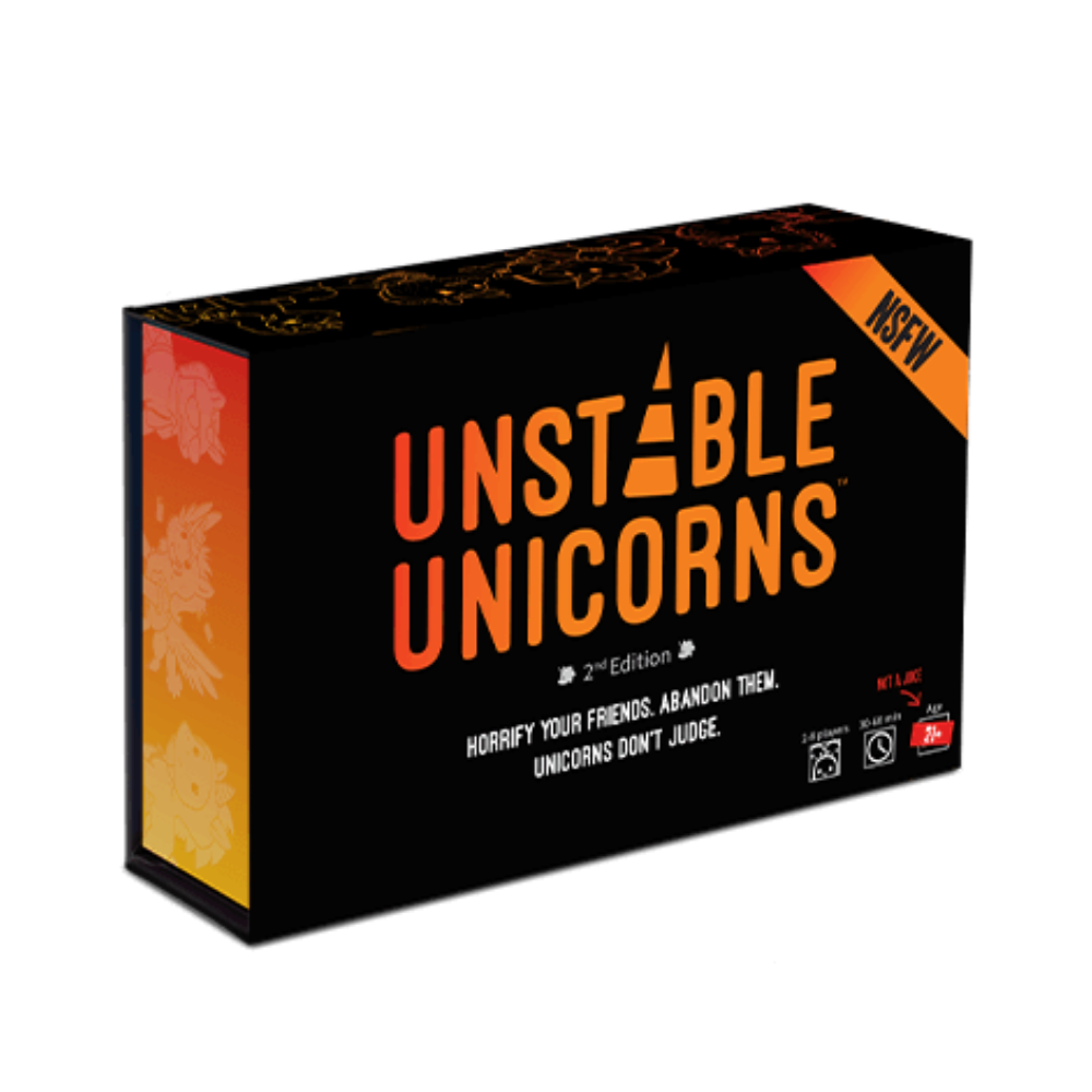 Box of Unstable Unicorns NSFW: Base Game card game with the slogan "Horrify your friends. Abandon them. Unicorns don’t judge." on a black background by Unstable Games.