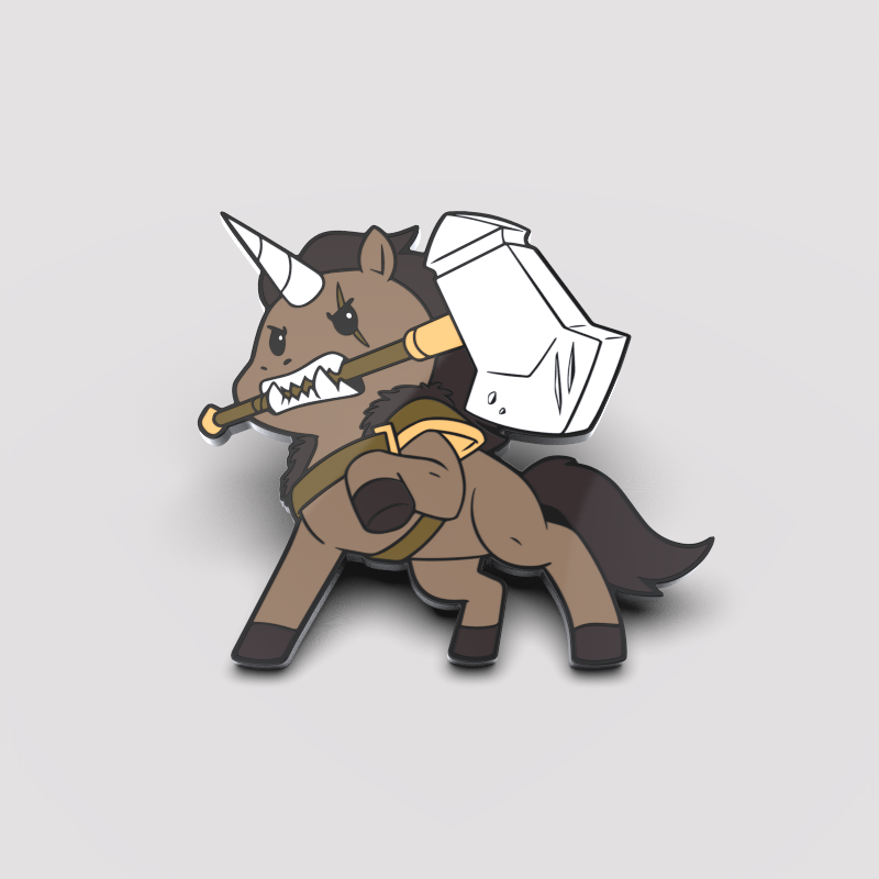 Illustration of a cartoon unicorn from the "Unicorns of Legend Expansion Pack" with a horse’s body and brown fur, wielding an oversized hammer in its mouth, depicted in a dynamic pose on a Berserkercorn Pin by Unstable Games.
