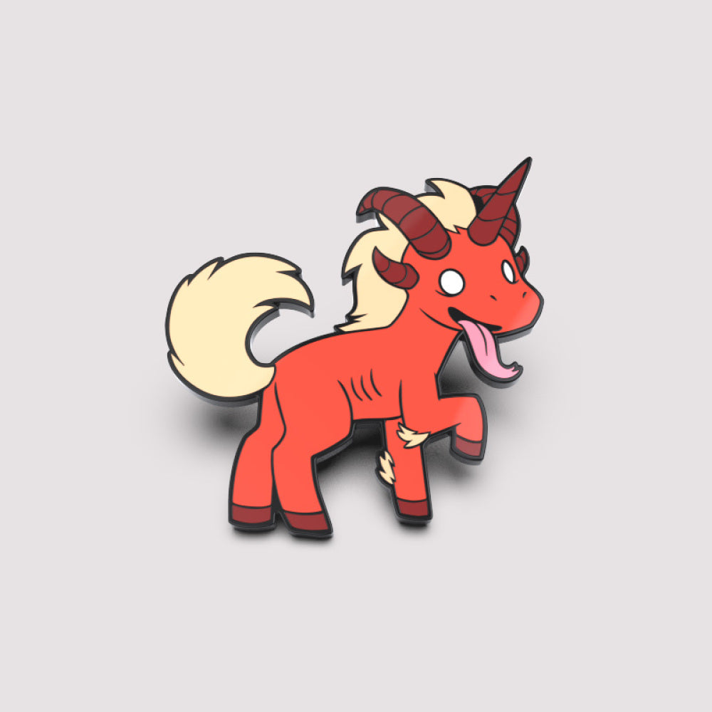 Illustration of a whimsical red creature with a goat-like appearance, featuring horns, a fluffy tail, and a playful expression from the "Unstable Games" series.