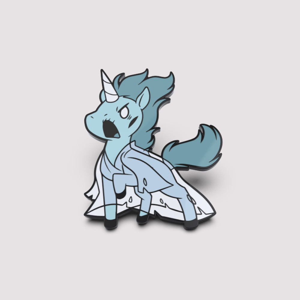Illustration of a Phantom Unicorn Pin with a blue mane and tail, wearing a white lab coat, positioned on a light gray background and featured in the Unstable Unicorns Nightmares Expansion Pack by Unstable Games.